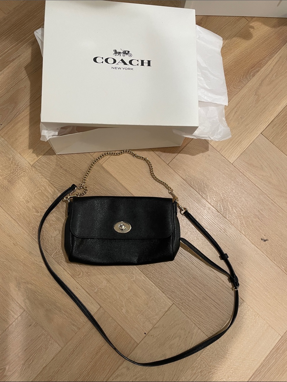 Coach Black Leather Crossbody with Turnlock and Chain Accent - Picture 2 of 13